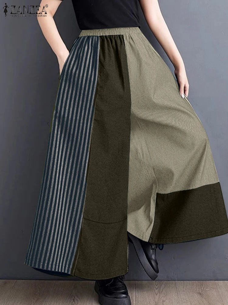 Vrouwen Colorblock Broek ZANZEA Casual Retro Gedrukt Wijde Pijpen Broek Mode Koreaanse Zak Elastische Taille Pantalons Vakantie Broek