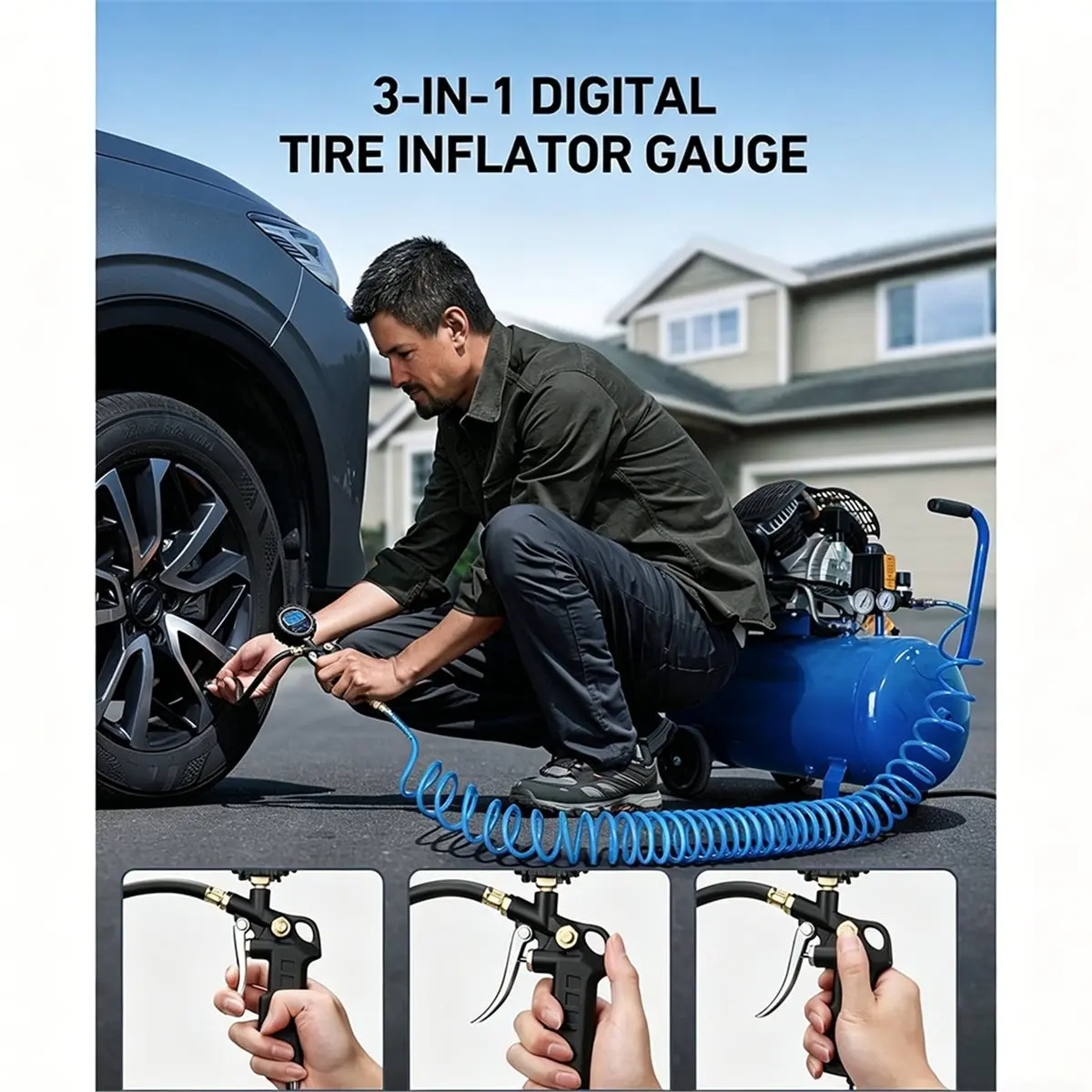 A50U 2 Sets Digital Tire Pressure Gauge with Inflator, 250 PSI, Quick Connect for Cars, Trucks, SUVs, RVs