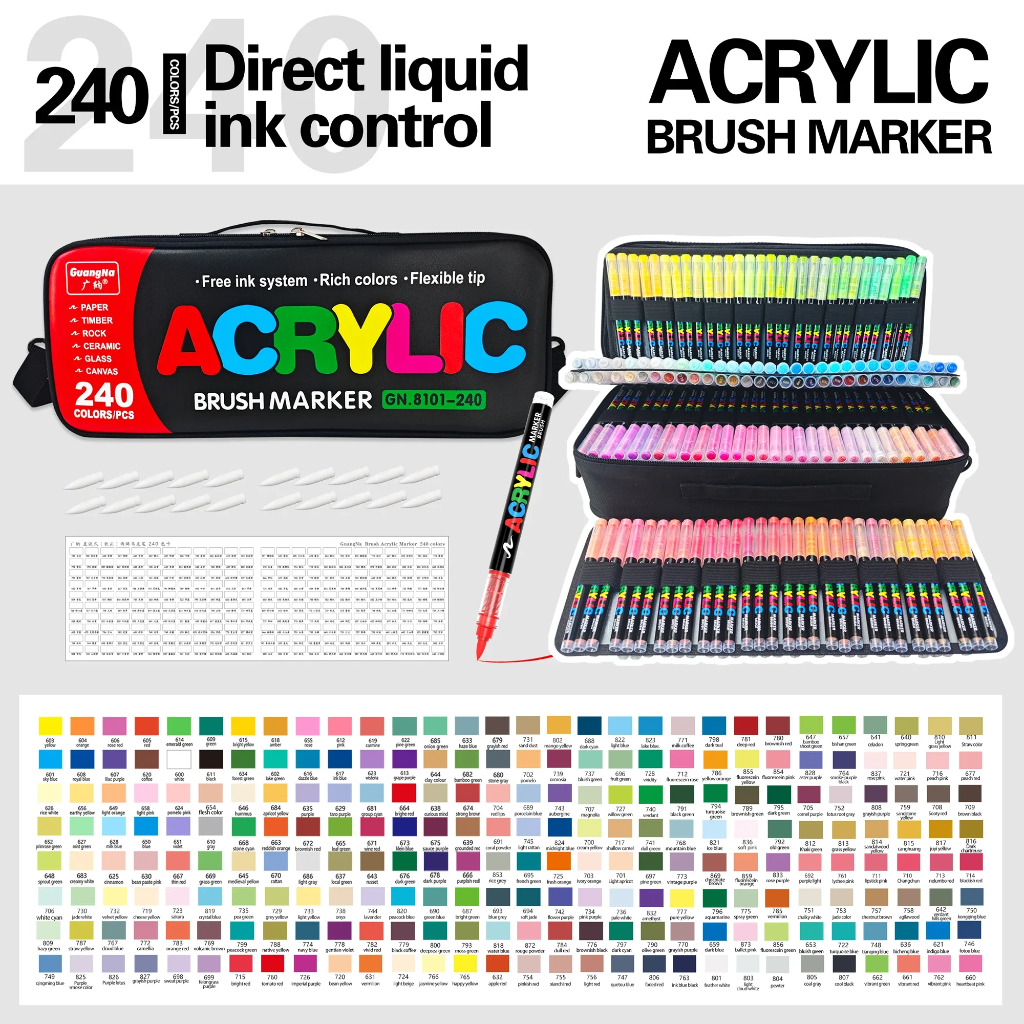 240/288 kleuren set acrylverf markers borstelpunt, professioneel voor rots, stof, festivalcadeau doe-het-zelf kunstpennen met opbergtas
