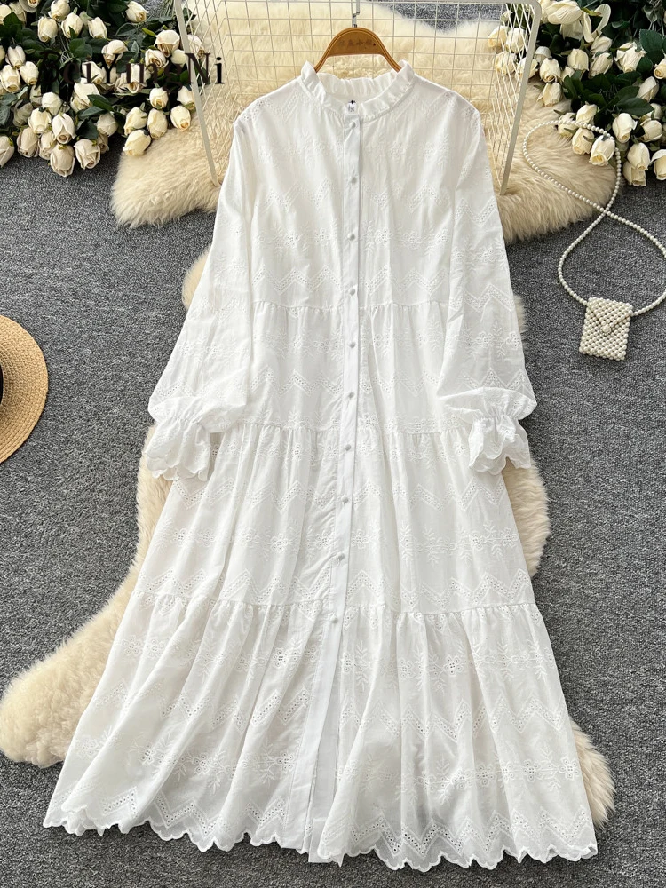 Beiyingni 2026 nouvelle mode dentelle épissé longue robe ample femmes Vintage à la mode décontracté simple boutonnage chemises Robes dames Robes