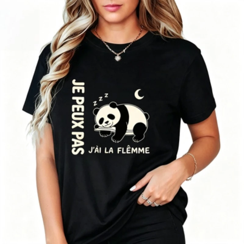 Fashion Women Cotton Crewneck Tshirt French Funny Text Panda Graphic Short Sleeve Aesthetic Lazy Vibe Casual Party Gift Tops