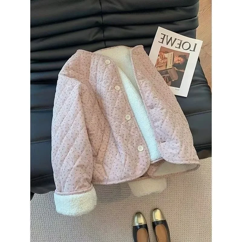 Chaqueta elegante de pana floral para mujer, top coreano de algodón de manga larga con cuello redondo y corte holgado, chaqueta cálida y versátil para otoño e invierno