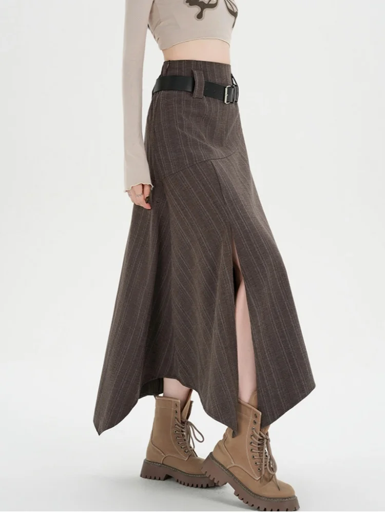 

2025 Новая осенняя мода, универсальный темперамент, супер горячая юбка в корейском стиле, высококачественная асимметричная длинная юбка в серую полоску