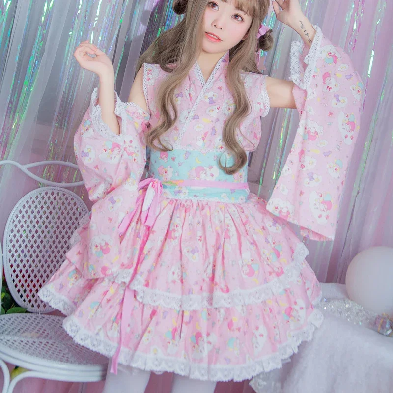 Disfraz de Lolita rosa para mujer, conjunto completo de Kimono con estampado de dibujos animados Kawaii, vestido de niña dulce para carnaval y Navidad