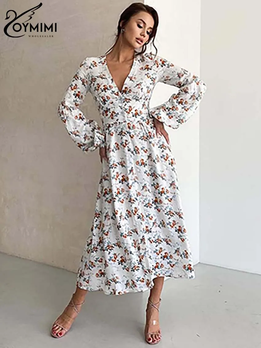 

Oymimi Elegant White Print Dresses 2024 Women Fashion V-Neck Long Sleeve Single Breasted Dress Casual High Waist Mid-Calf Dress