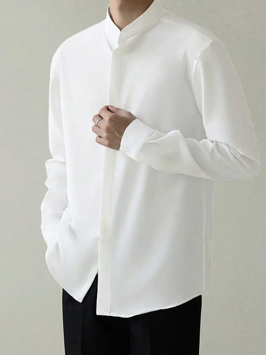 

Men Stand Collar Long Sleeve Slim Fit Solid Shirt Casual Office Party