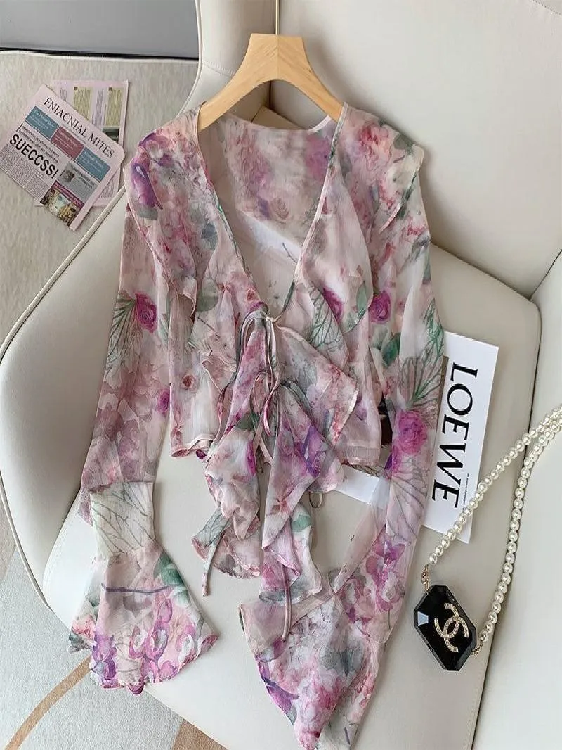 سترة كادين مزينة بالدانتيل على شكل حرف V طويلة Sve ort، تصميم صيفي جديد متعدد الاستخدامات، حماية منتفخة حلوة #1