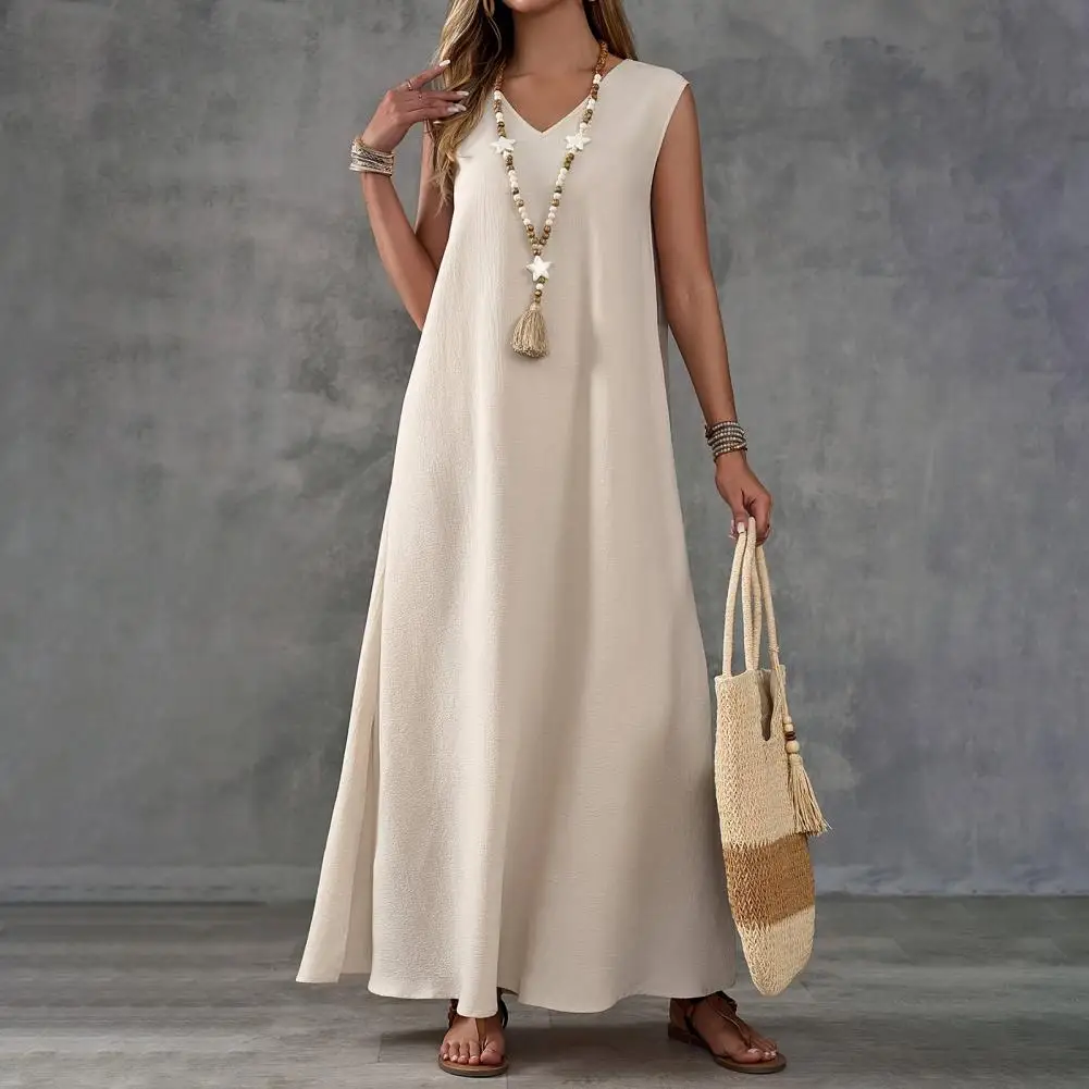 Abito Boho da donna estivo Abito lungo da spiaggia maxi con scollo a V senza maniche in tinta unita con spacco laterale