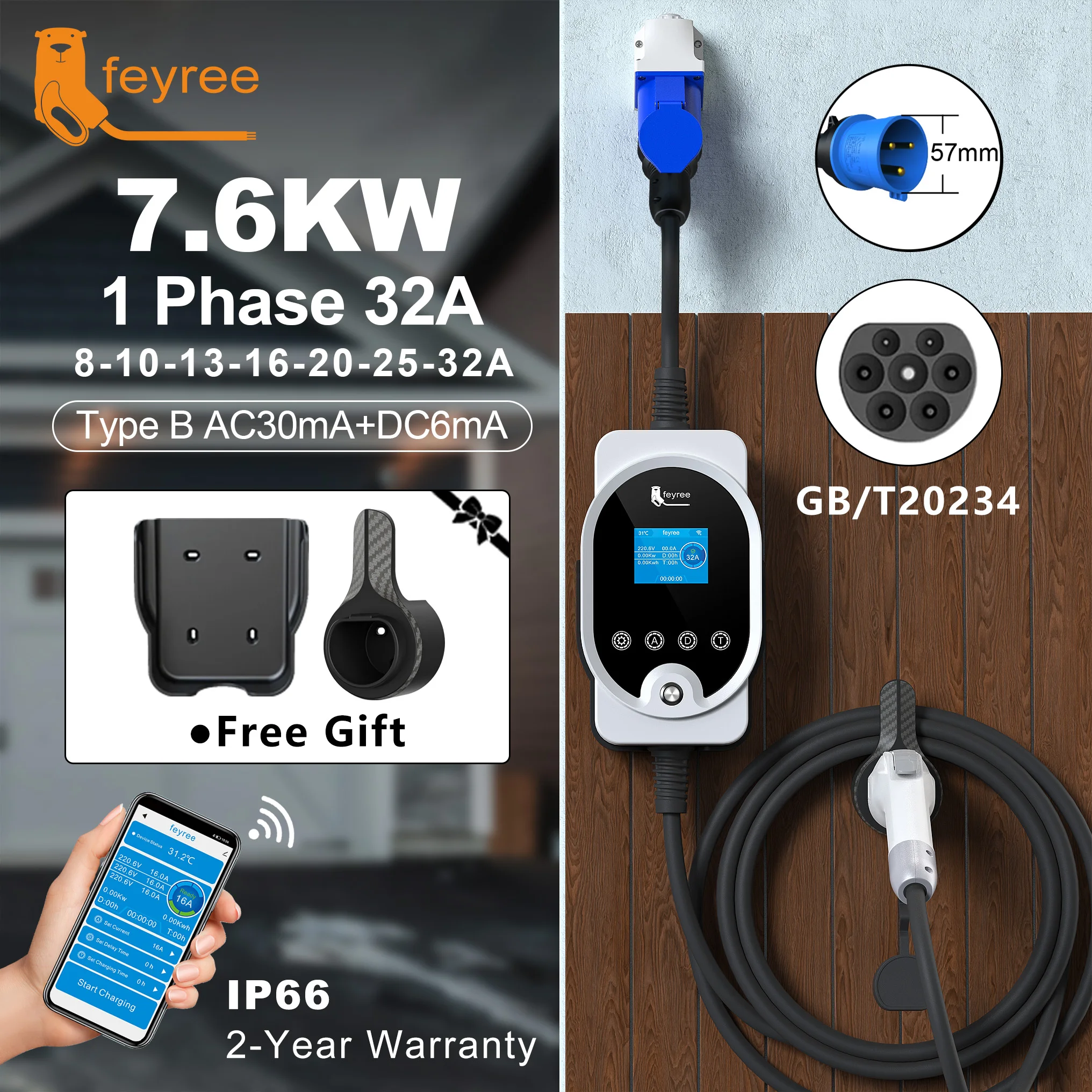 feyree GB/T Socket EV Charger 7KW 32A Adjustable APP Bluetooth Version Set Charging Time EVSE Charging Box for Electric Vehicle