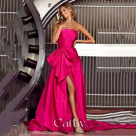 Cathy Hot Pink High-low A-line Prom Dress Sweetheart Big Floppy Bow فساتين السهرة Customized Off Shoulder Satin Evening Dress