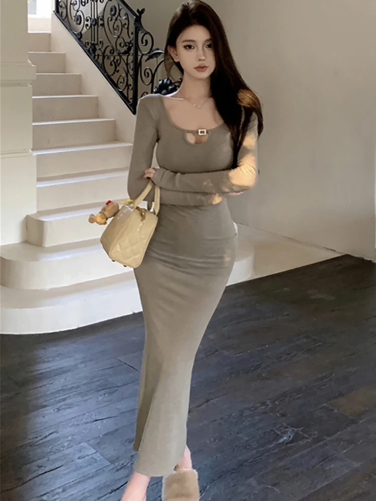 Herfst Winter Zwart Gebreide Holle Vierkante Kraag Sexy Jurk Vrouwen Elegante Luxe Lange Jurk 2025, Koreaanse Bodycon Feestjurk