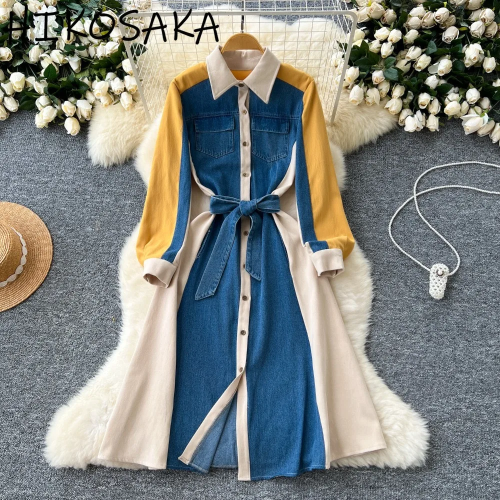 Contraste cor casual manga longa camisa vestido cinto cintura fina a linha único breasted lapela robe 2024 outono novo vintage ropa mujer