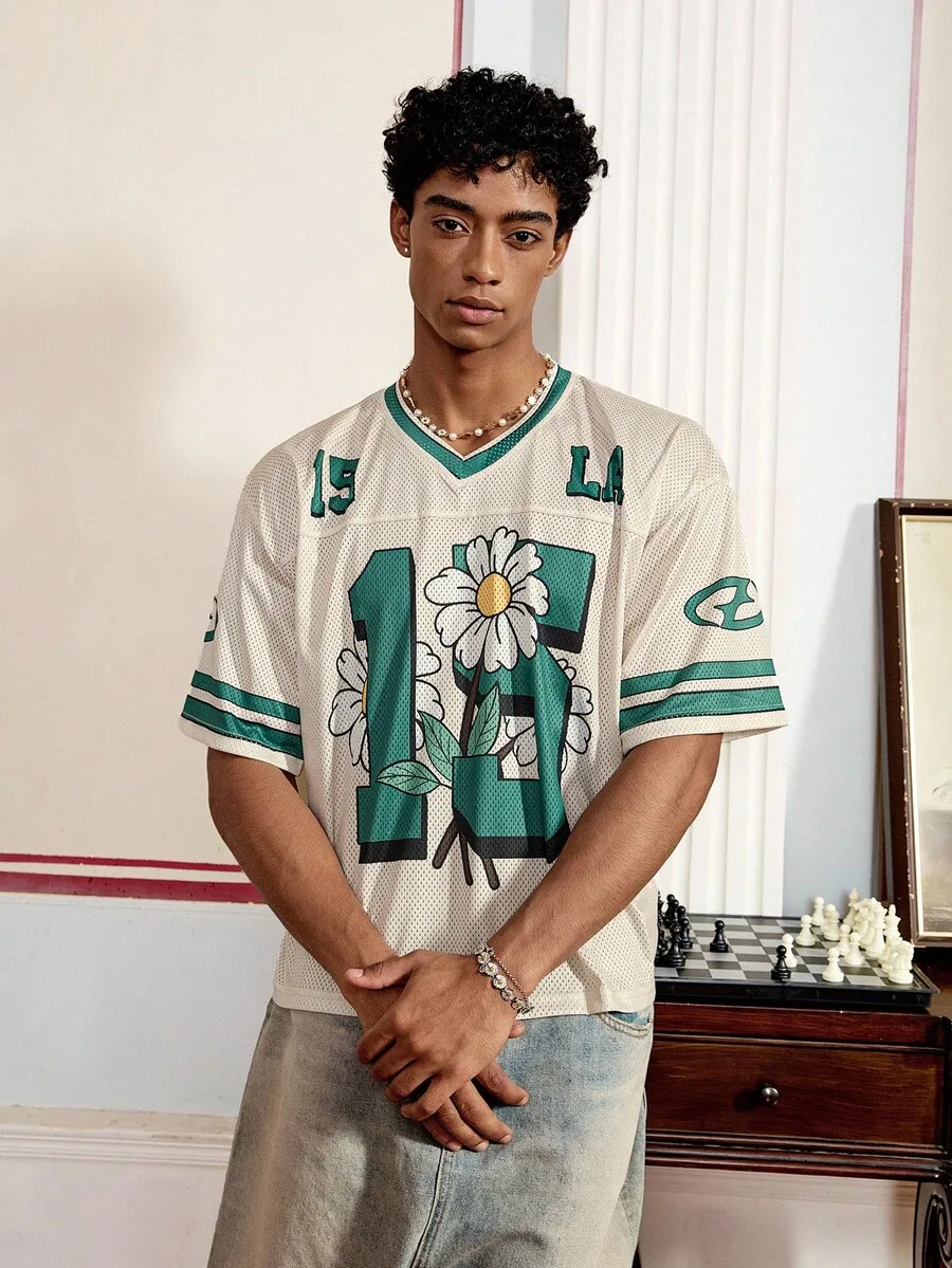 

Mens V-Neck Short Sleeve Loose Fit Floral Print Mesh Tee Streetwear Summer Casual
