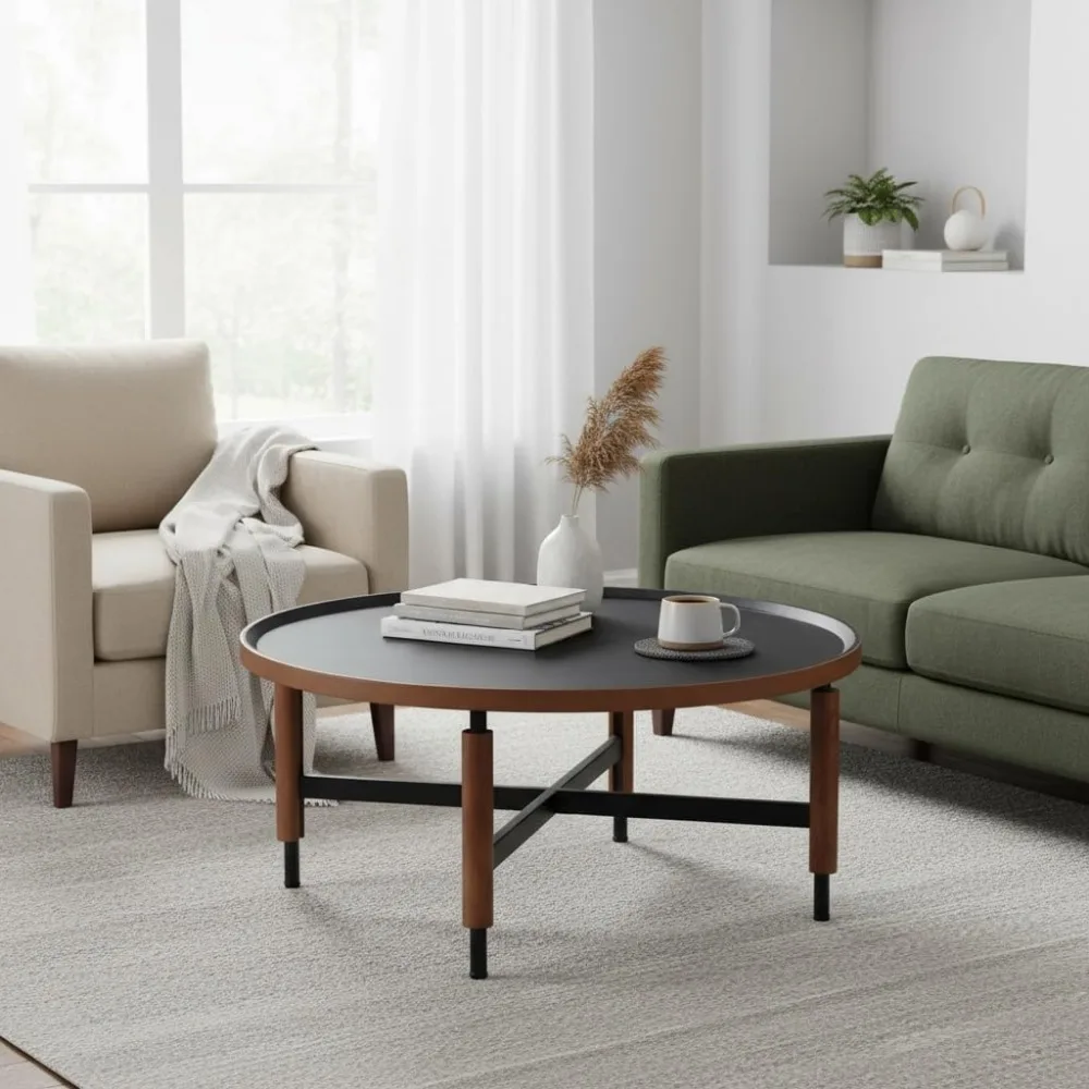 

Modern Round Coffee Table Circle Wooden Table Top with Black Cross Legs Base, Rustic, Vintage, Living Room Easy Assembl