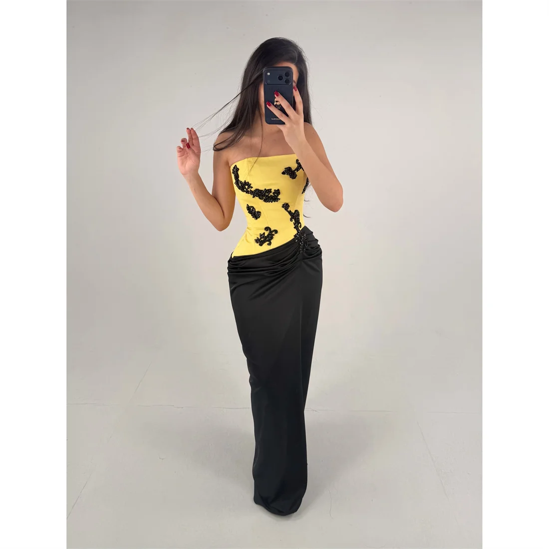 Lorrtta Satin Strapless Yellow Straight Evening Dress 2026 Prom Dress Ladies Premium Beautiful Formal Evening Customized
