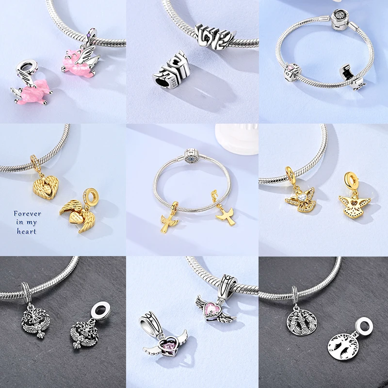 925 Sterling Silber Christlicher Engel-Kreuz-Charm-Perlen Schutzengel-Flügel Herz Glaube DIY Armband Halskette Geschenk für Frauen – Detail 3
