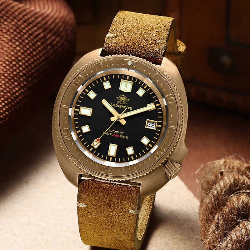 Addiesdive cusn8 relógio de bronze para homem mecânico nh35a vidro safira calendário 200m à prova dwaterproof água c3 luminoso relógio de pulso automático