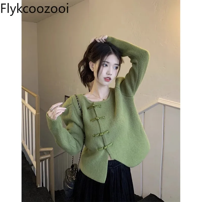 

Women Coat Autumn Green O-Neck Single Row Buckle Bubble Long Sleeve Asymmetric New Chinese Style Woolen Cardigan Ladies Clothing