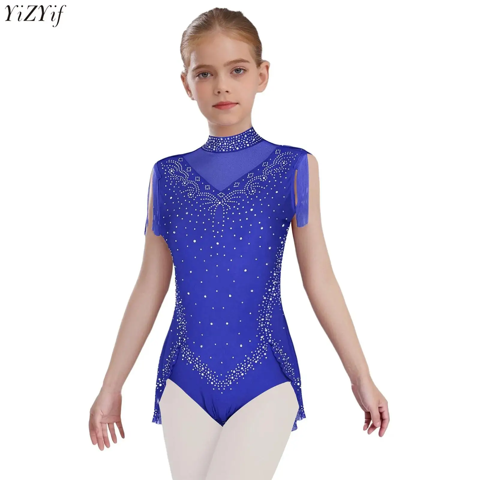 

Kids Girls Sparkling Rhinestone Ballet Dance Leotard Sleeveless Sheer Mesh Patchwork Tassel Skirted Bodysuit Gymnastics Leotard