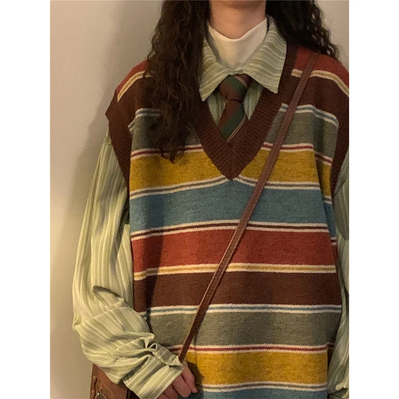 Vintage Striped Sweater Vest Women Harajuku Sleeveless Knitted Pullovers Streetwear Oversized Waistcoat Knitwear Korean Jumpers