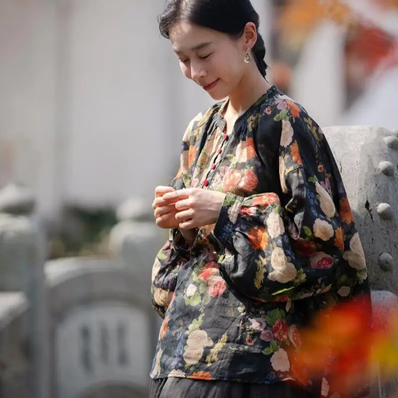 

New Arrival Spring Arts Style Women Lantern Sleeve Loose Casual Print Shirt High Quality Ramie Vintage Blouse Female Tops TS36
