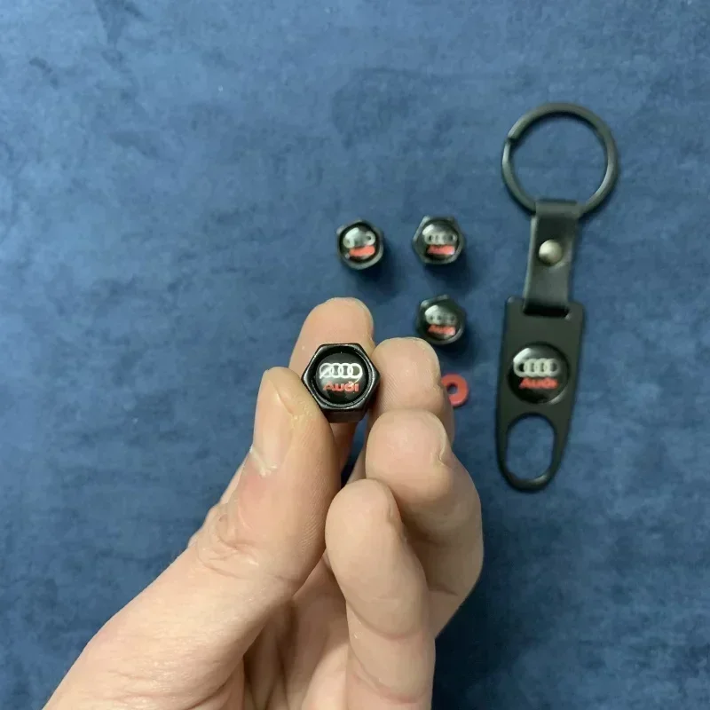 Audi Car Wheel Tire Valve Stems Cap With Keychain Keyring Badge For Audi A1 A3 A4 A5 A6 A7 A8 RS4 Q2 Q3 Q5 Q7 Refit Accessories
