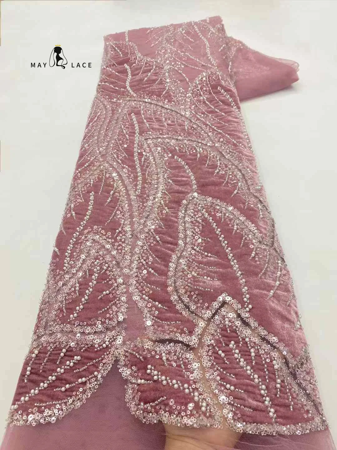 

Pink African Luxury Beaded Lace Fabric 2025 Nigerian French Sequins Velvet Lace Fabrics For Bridal Wedding Dress Party Sewing