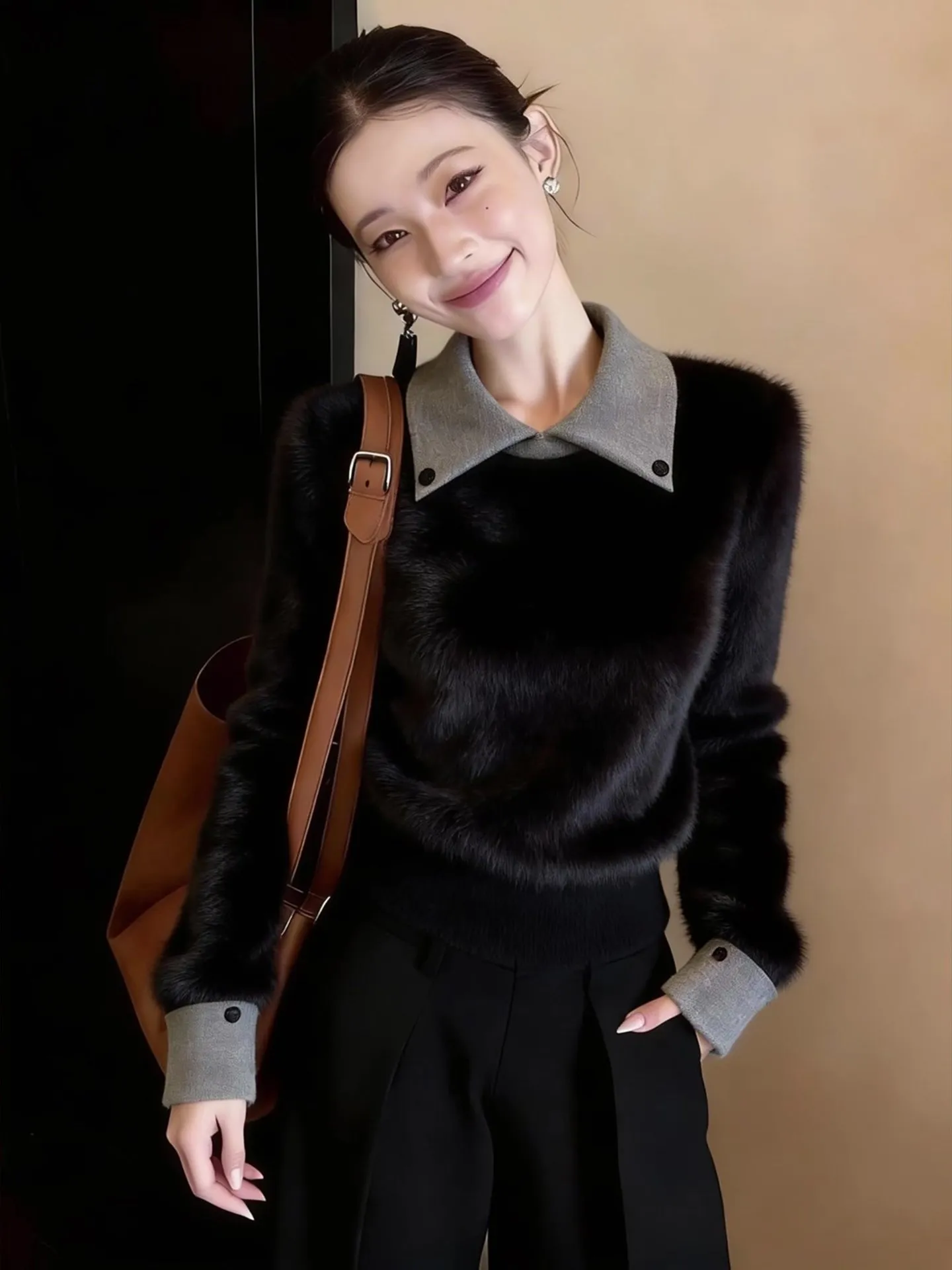 

Slimming Effect Velvet Long Sve Ne Winter Commute Faion Women's Top Korean Sle Straight Cut Woolen Knitwear