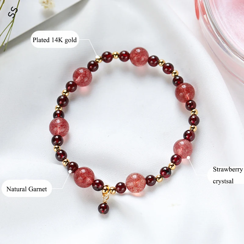 Happiness Hope Lucky Bracelet Natural Wine Red Garnet Strand Bangles Women Strawberry Crystal Hand Charms Accessories