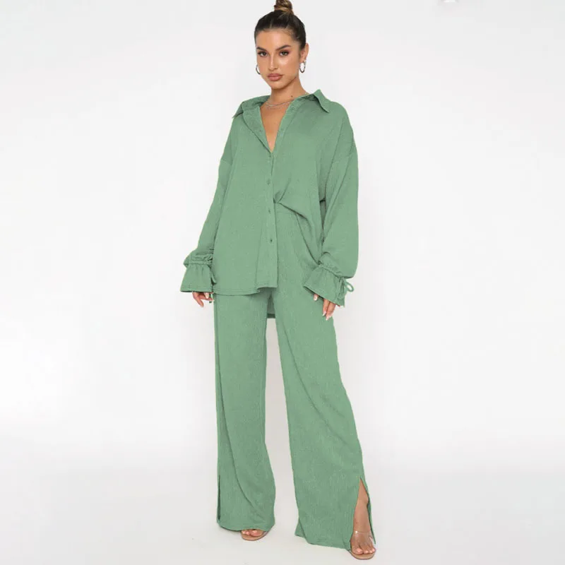 

Women Casual Autumn 2 Piece Outfits Button Down New Long Sleeve Shirt And Slit Side Wide Leg Pants Lounge Sets Office Outfits