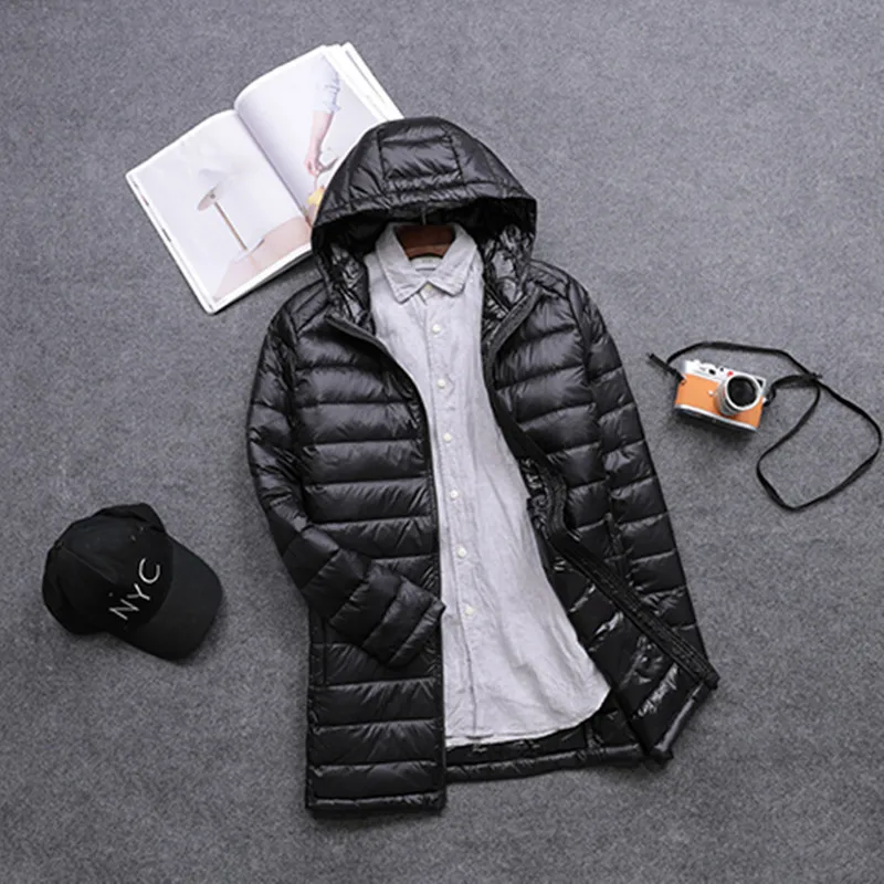 Autumn Winter Men Hooded Down Coat Ultra Light White Duck Down Jacket Parkas Male Slim Midi Long Puffer Outwears Oversize 3XL