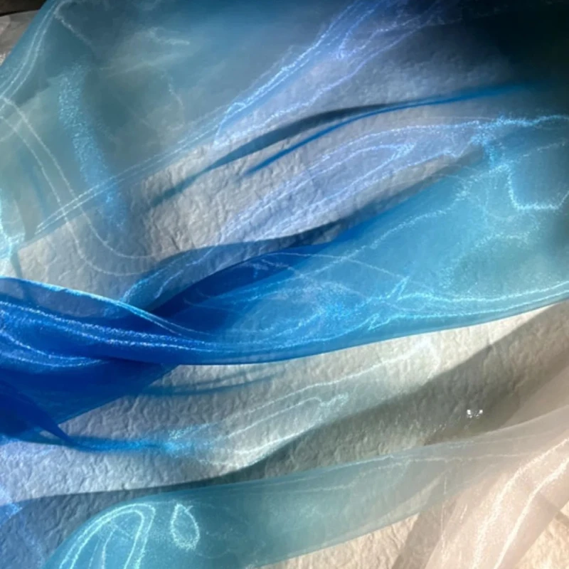 Blue Bilateral Gradient Liquid Pearlescent Organza Fabric Perspective Hanfu Large Sleeved Shirt Designer Sewing Material Cloth view 2