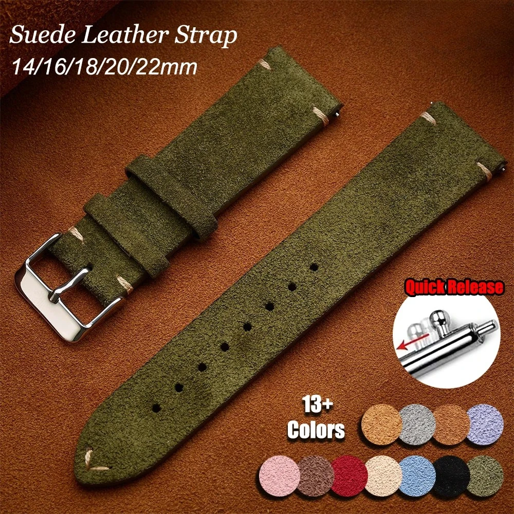 Bracelet de montre en cuir véritable de qualité supérieure, à dégagement rapide, en daim, 14mm/16mm/18mm/20mm/22mm, pour Samsung, Seik, Oris Watch