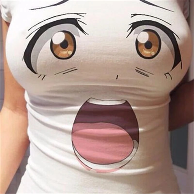 T-Shirt à manches courtes et col rond pour femme, haut imprimé 3D, dessin animé, grands yeux, sexy, mignon, drôle, vêtements, été, 2023