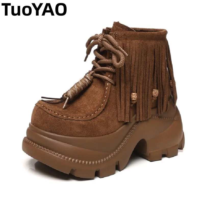

9cm Platform Boots for Women Ankle Boots Fall Winter Riding Motorcycle Fashion Shoes Booties Short Boots Genuine Leather
