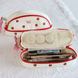 Cute Strawberry Love Pen Bag for Cool Girl PU Easy to Clean Butterfly Knot Stationery Storage Bag Birthday Gift Pen Bag 1pc