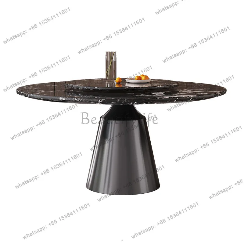 

Marble black round dining table Italian light luxury household small luxury stone round table with turntable
