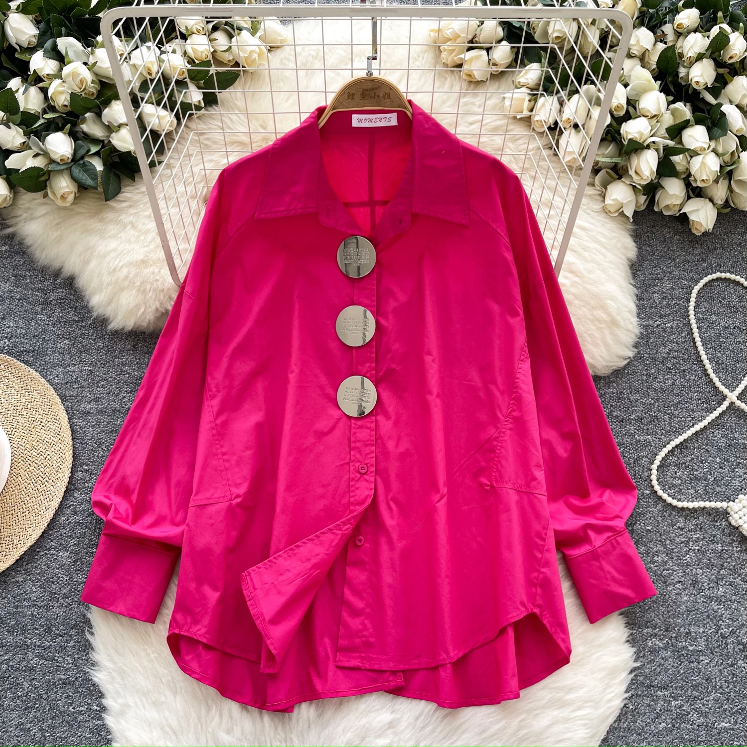 

Turn-down Collar Long Sleeved Shirt for Women Summer Metal Buckle Causal Elegant Chic Top for Ladies