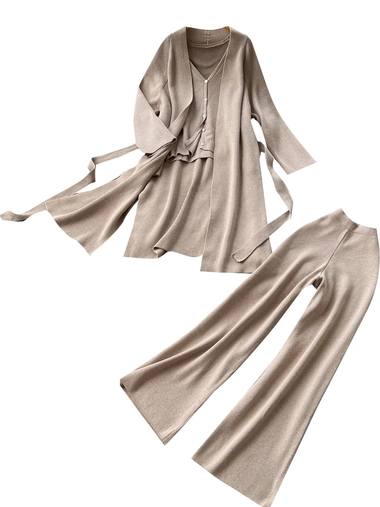 

Свободный вязаный кардиган, пальто с поясом, широкие брюки, длинный базовый слой све, осенний комплект Faion для женщин, повседневная рабочая одежда