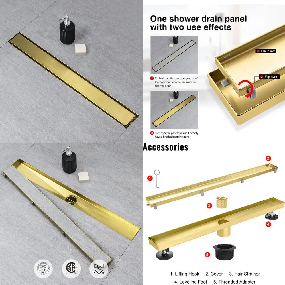 

18 Brushed Gold Linear Shower Drain with 2-in-1 Tile Insert, 304 Stainless Steel, Hair Strainer, Leveling Feet