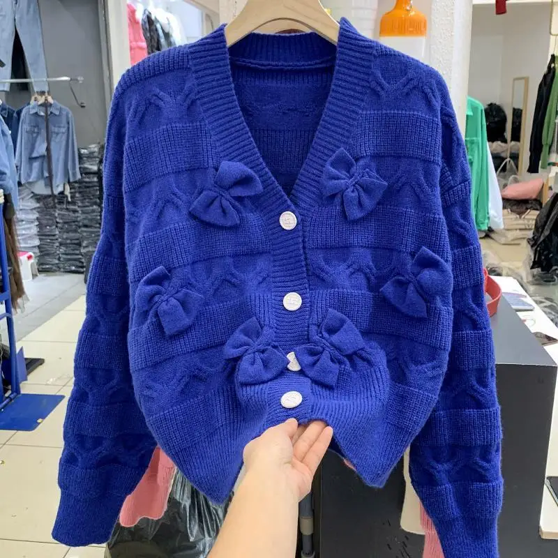 2022  Blue Bowknot Sweater Coat Women's V-neck Short Cardigan Sweatshirt  blusa de frio feminina  Button  Polyester