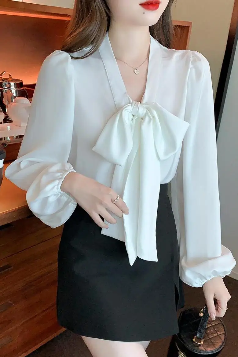 Spring Autumn Elegant Chiffon White Women's Bow Blouse 2025 New Long Sleeve V-neck Korean Casual Loose Office Lady Shirts Female