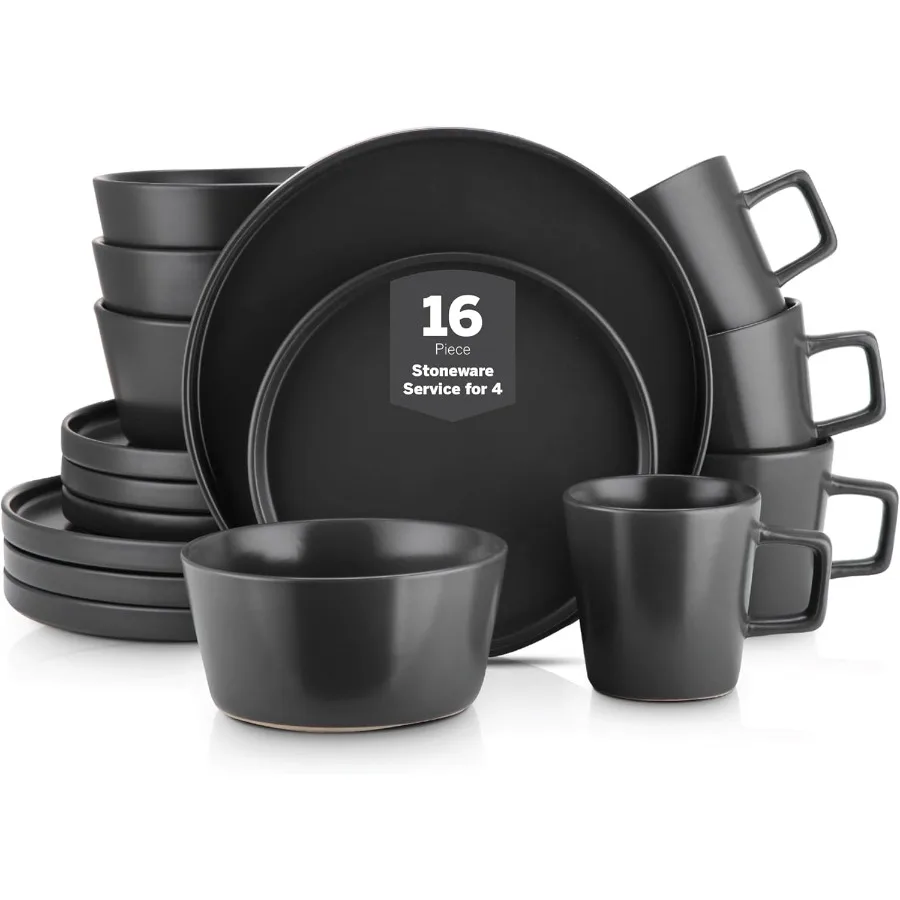 

Celina Stoneware 16 Piece Dinnerware Set Plates and Bowls Black Matte Dish Service for 4 Minimalist Round Style Microwave Dishw