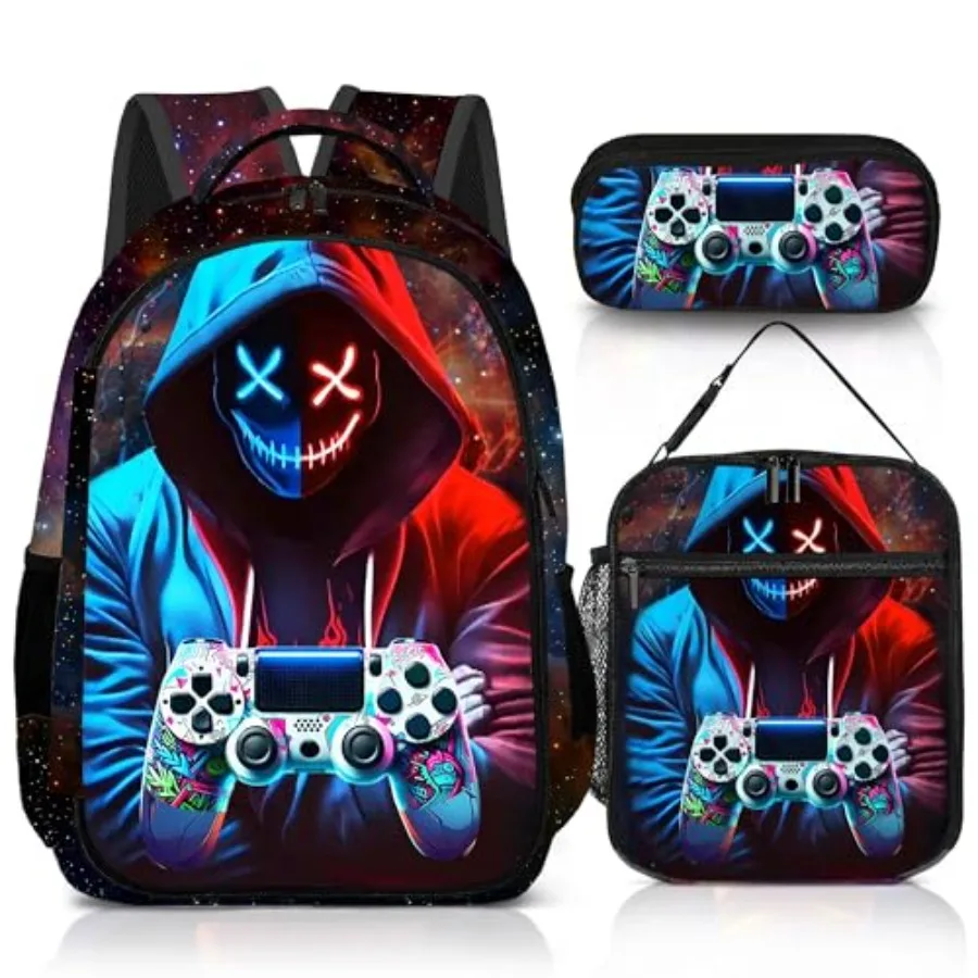 

Game Backpack Set for Boys Gaming Backpack 3 Pack Boys Lunch Box and Pencil Bag for 17