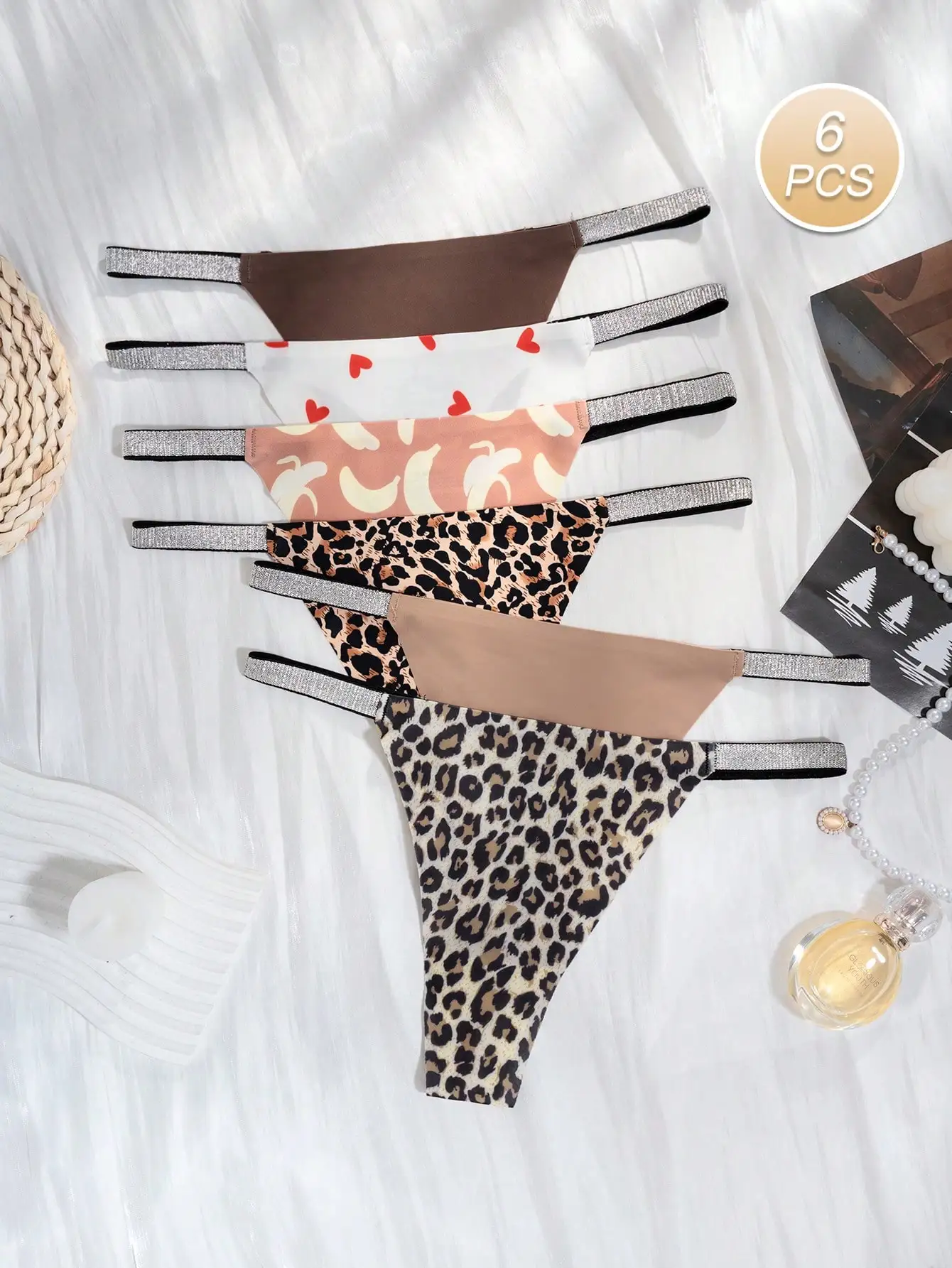 6 Pcs Silver Glitter Thin Strap Printed Seamless Ice Silk Thong Panties For Women Low Waist Multi Pattern Leopard Heart Banana T