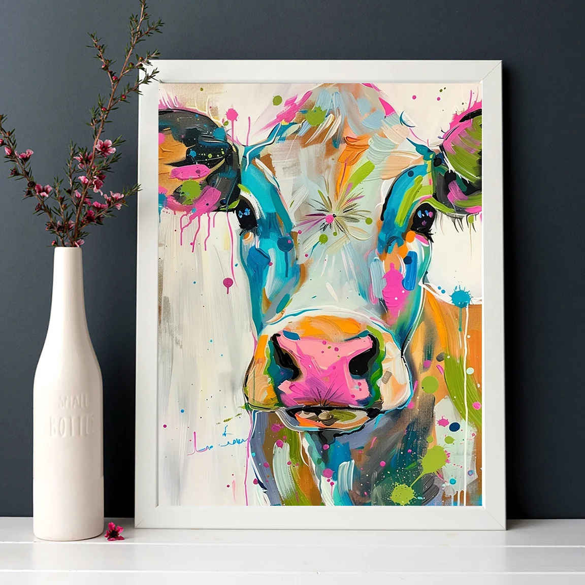 Colorful Cow Canvas Art Print Poster, Vibrant Abstract Animal Wall Decor for Living Room, Bedroom, Kitchen, Office, Frameless view 3