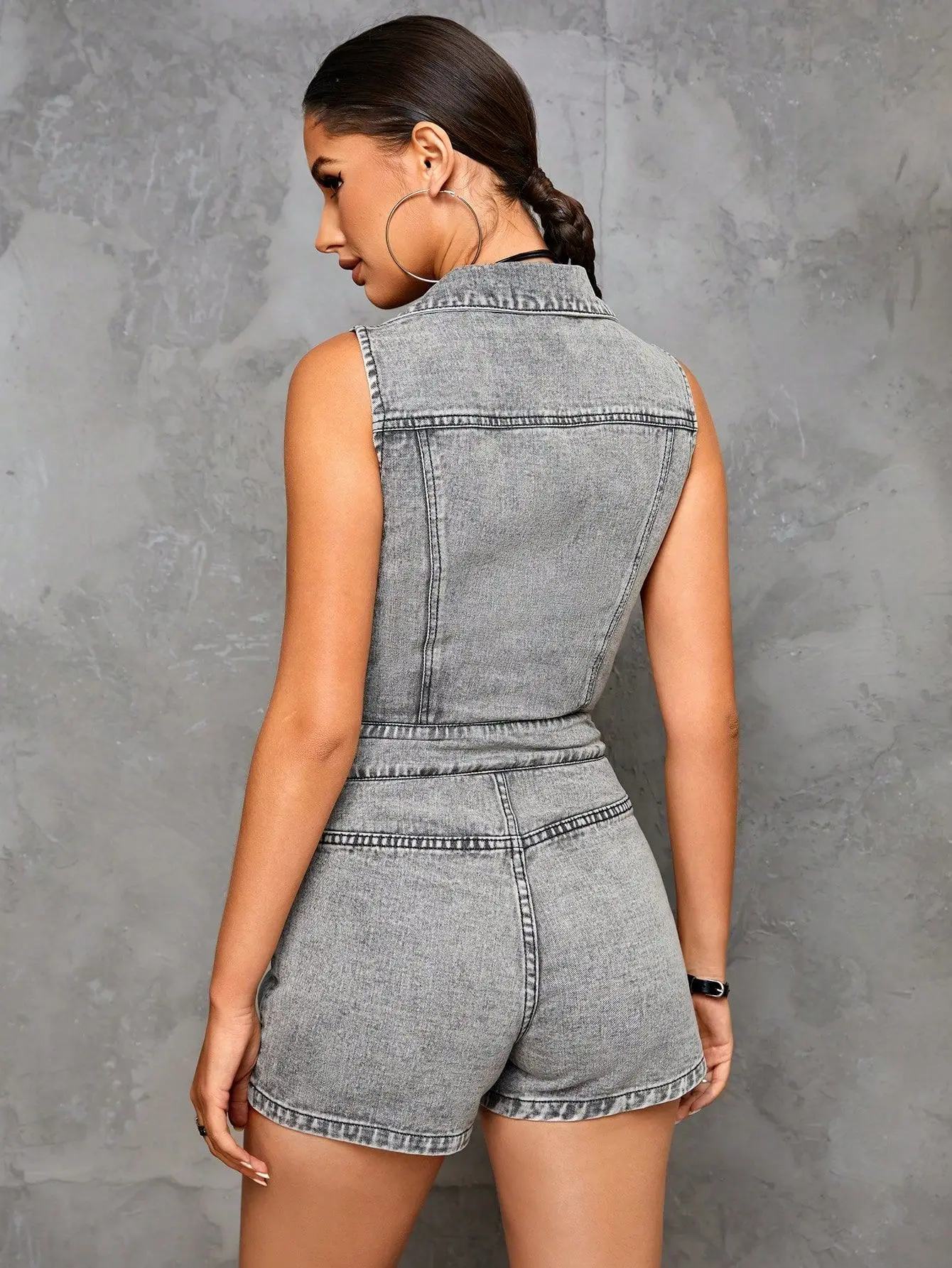 2024 Nieuwe Dameskleding Casual Grijze Denim Mouwloze Playsuit Dames Bodysuits