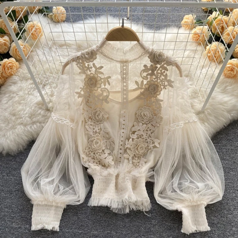 Loose See Through Lace Women Blouse New Fashion Elegant Mesh Flower Tops Lantern Long Sleeve Shirt Loose Stand Collar Mujer