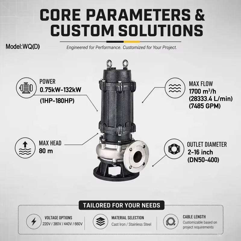 0.75kW-132kW Municipal Industrial Drain Pump Optional 304 SS Flow Parts 2Cr13 or SS Shaft WQ Submersible Pump