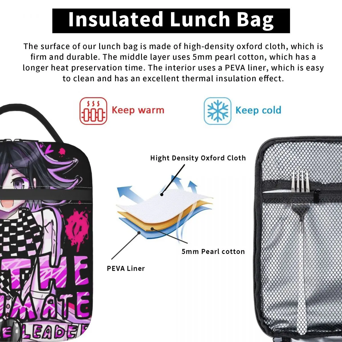 Kokichi Ouma الفني بواسطة كيبو كيبو حقيبة الغداء المحمولة علب الاغذية مكتب الطفل تصميم حقيبة للحفاظ على البرودة الجمالية أكسفورد حقيبة الغداء الحرارية